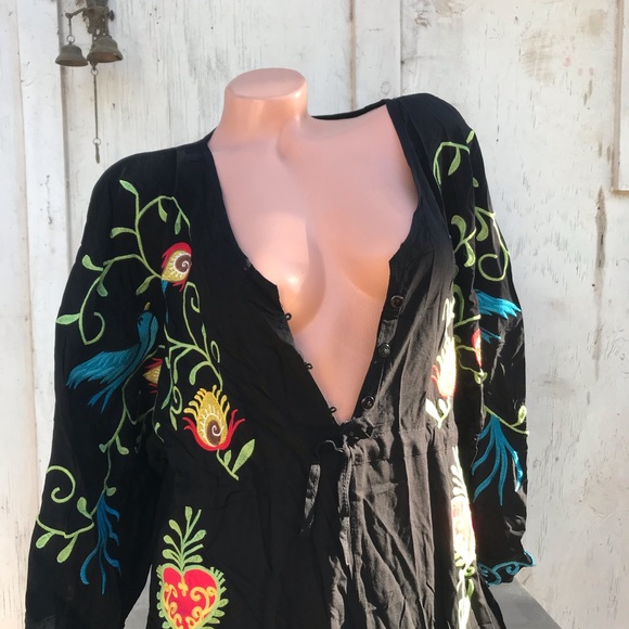 Black bird floral embroidered kaftan Bohemian gypsy magical poncho robe dress - Picture 7 of 8
